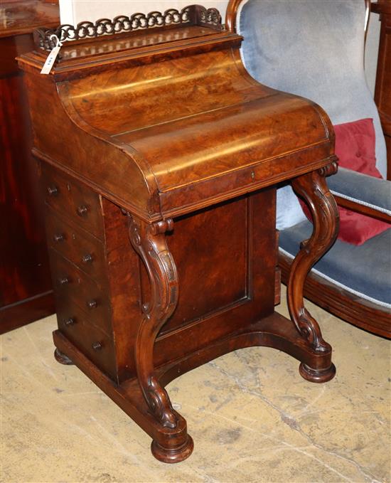 A Victorian burr walnut piano front davenport with rising stationary compartment, W.56cm, D.56cm, H.99cm